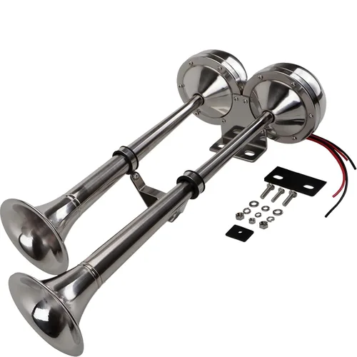 Vista 2 de Cuerno de barco marino de 12 V, impermeable, cuerno de trompeta doble de acero inoxidable para barcos con botón plano
