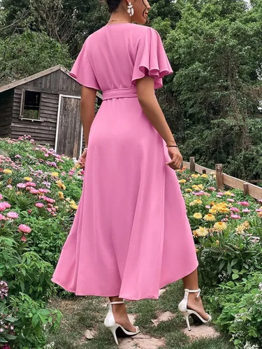 Vista 2 de Verdusa Vestido largo cruzado de maternidad para mujer, manga de mariposa, acampanado, con cinturón