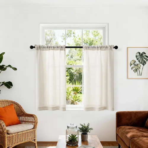 Vista 59 de Cortinas de cocina de lino semitransparente beige de 24 pulgadas de largo, 2 paneles Cream, Cafe Short Curtains, for Bathroom Small Windows, Light
