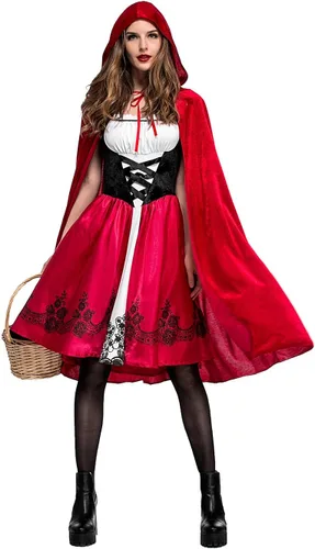 Vista 4 de Cuteshower Disfraz de Caperucita Roja para mujer, vestido de fiesta con capucha de Halloween