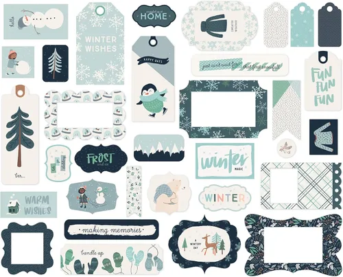 Vista 4 de Carta Bella Paper Company Snow Much Fun Marcos y etiquetas efímera, azul, verde azulado, verde, azul marino, crema, gris, 12 x 12 pulgadas