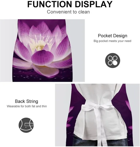 Vista 6 de MUSM Lotus Flower Purple Apron，Classic Vintage Funny with Pockets Aprons,Adjustable Bib Waterdrop Resistant for Kitchen Cooking Restaurant BBQ