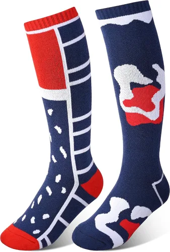 Vista 6 de Uyomal Calcetines de esquí de lana merino para niños 2 pares calcetines térmicos de invierno cálidos para snowboard para niños y niñas rojo azul