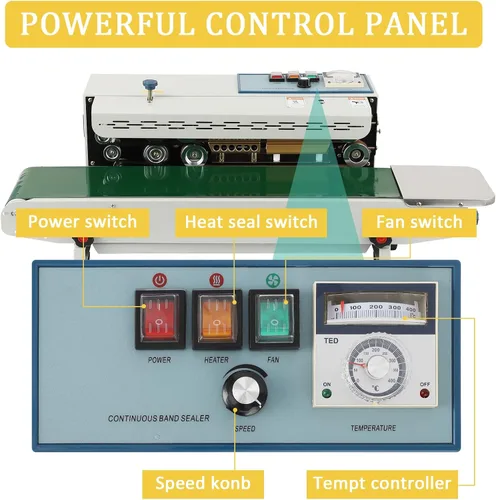 Vista 2 de Takywep Sellador continuo de banda con sellador horizontal automático de banda Fr-900 110V, control de temperatura, comercial Pp aluminio papel PVC