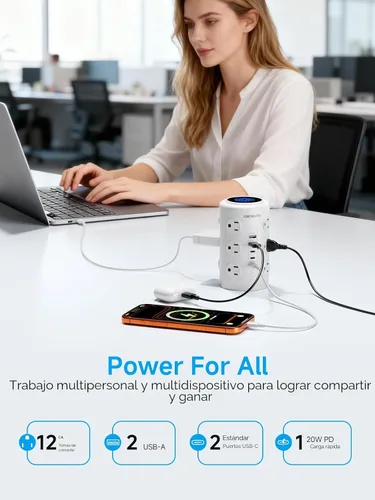Vista 3 de Regleta de alimentación de torre con 1 puerto dedicado de carga rápida PD 20W, 12 tomas, 5 puertos USB (3 USB-C), protector de 1800J, estación