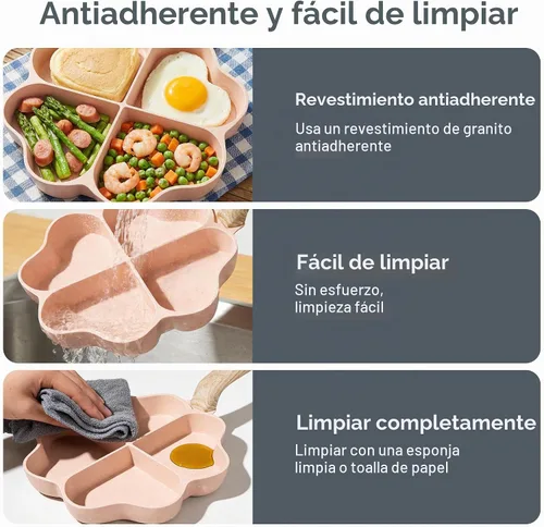 Vista 5 de MOKIKA Sartén antiadherente para tortilla de huevos con secciones de corazón, 4 tazas en forma de corazón, sartén dividida adecuada para estufa