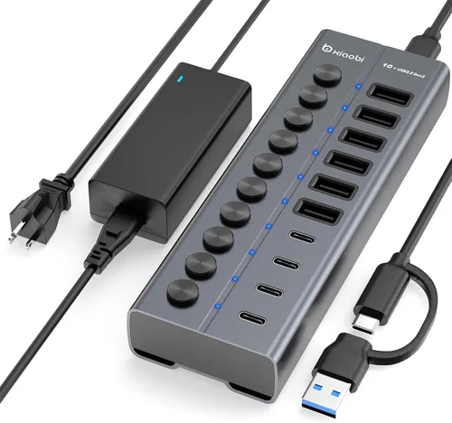 Vista 9 de Concentrador USB con alimentación, concentrador USB C de 10 puertos con 6 USB-A 3.2, 4 puertos USB-C 3.2, interruptores individuales y adaptador