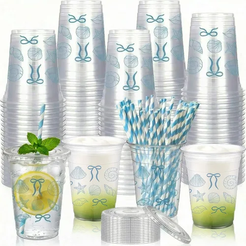 Vista 8 de Sliner - 50 vasos de plástico desechables de 16 onzas con pajilla, lazo