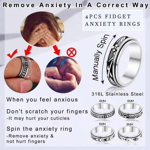 Vista 2 de Anillos de acero inoxidable para ansiedad, anillos de ansiedad, tamaño 6-10