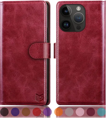 Vista 19 de SUANPOT Funda protectora tipo cartera con función atril para iPhone 15 de 6.1 pulgadas, con soporte para tarjetas de crédito RFID, funda de piel