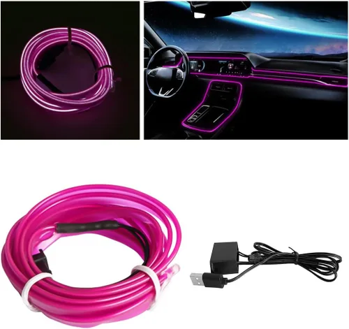 Vista 23 de Tira de luces LED de cable EL, tira de luz de neón automática USB de 10 pies/3M con borde de costura, kits de iluminación ambiental