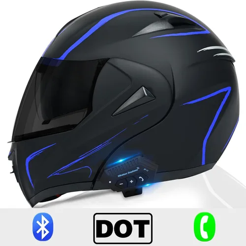 Vista 2 de Casco modular Bluetooth para motocicleta, aprobado por DOT, doble visera, abatible, de cara completa, con Bluetooth, casco de motocicleta integrado