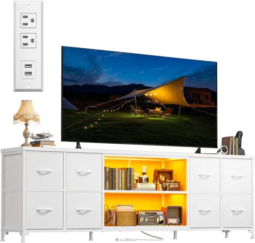 Vista 9 de Soporte de TV de 63" de ancho para 65 75 pulgadas con luces y tomas de corriente, soporte de TV para dormitorio con 8 cómodas de tela y cajoneras