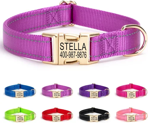 Vista 11 de Collar personalizado para perro con etiqueta de nombre, collar de nailon reflectante para mascotas, collares de perro con hebilla dorada grabada