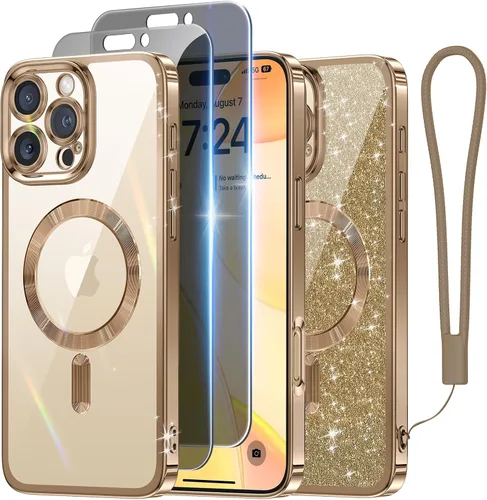 Vista 28 de Meifigno - Funda diseñada para el iPhone 16 Pro de 6.3", [Tarjeta de purpurina y correa para la muñeca] [Compatible con MagSafe]