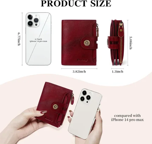 Vista 4 de Cartera de cuero con doble pliegue para mujer, bloqueo RFID, tarjetero compacto, cartera pequeña con ventana para identificación extraíble, A6-rojo