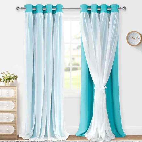 Vista 14 de XWZO Cortinas 100% opacas de doble capa para guardería, cortinas opacas con superposición transparente para dormitorio de niñas, cortinas