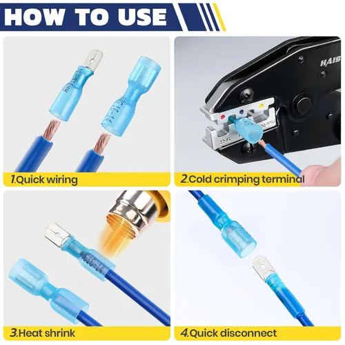 Vista 7 de haisstronica 100 conectores de pala termorretráctiles, AWG 22-10, conectores de cable de desconexión rápida, terminales de pala hembra y macho