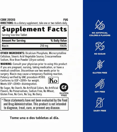Vista 5 de GNC Niacina 250 mg, apoya la salud de los vasos sanguíneos, 100 tabletas vegetarianas