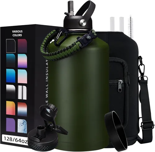 Vista 16 de Botella de agua aislada de 1 galón, con popote y tapa de pico automático, mango de paracord, funda para botella, botella de agua de acero inoxidable
