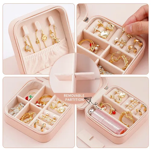 Vista 5 de Mini joyero portátil de viaje de cuero, organizador de anillos, caja de regalo de almacenamiento, para niñas y mujeres (blanco y 2 piezas rosas).