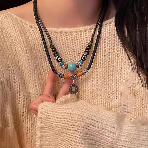 Vista 6 de HETICA Gargantilla de cuentas de madera boho en capas occidentales, collar trenzado de flores en forma de corazón, cordón de cáñamo ajustable