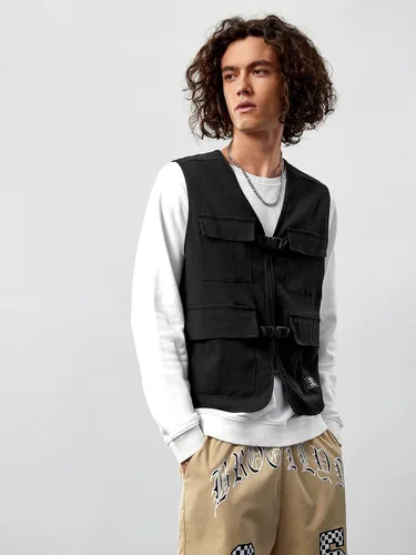 Vista 3 de Verdusa Chaleco tipo cargo steampunk sin mangas con hebilla con cremallera y bolsillo con solapa para hombre
