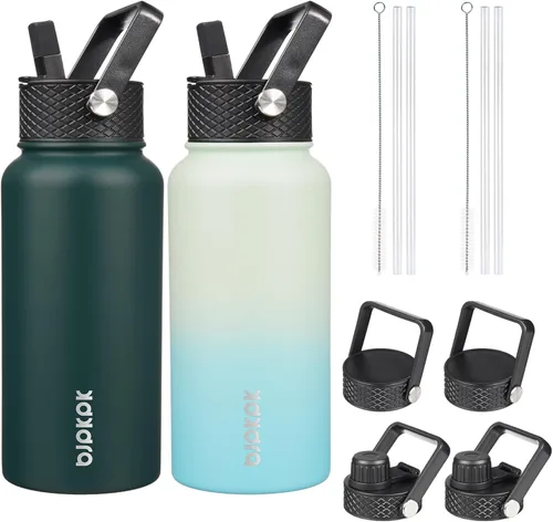 Vista 28 de BJPKPK Paquete de 2 botellas de agua aisladas con tapas con pajita, botella de agua de metal de acero inoxidable de 18oz con 6 tapas, jarras a