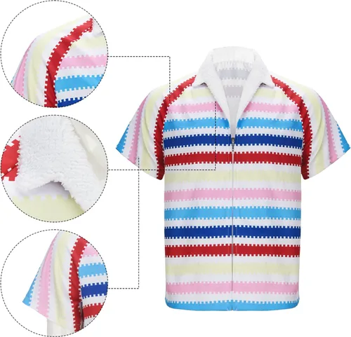 Vista 6 de Allan - Camisa de disfraz a rayas para adultos, para hombre, diseño de arco iris, playa, hawaiana, Halloween, cosplay, camisa de manga corta