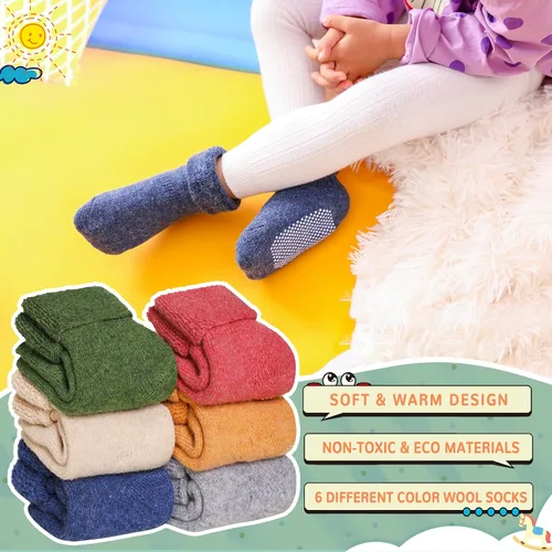 Vista 2 de 6 pares de calcetines antideslizantes para bebés y niñas, calcetines cálidos con agarres para niños pequeños, de lana gruesa y suave, para invierno