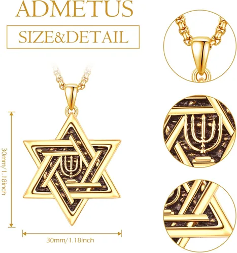 Vista 2 de ADMETUS Collar de amuleto de plata de ley 925 Collar Ankh con estrella de David para hombre con cadena de 22 pulgadas + 2 pulgadas