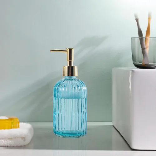 Vista 5 de Dispensador de jabón de manos líquido recargable de 12 onzas, para baño, cocina, jabón para platos, loción, dispensador de jabón a rayas (azul rayas)