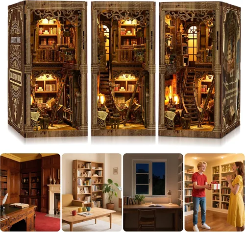 Vista 7 de SUNNINO Kit de Rincón de Libros - Kit de Casa de Muñecas en Miniatura DIY, Rompecabezas 3D de Madera con Luz LED, Kits de Rincón de Libros