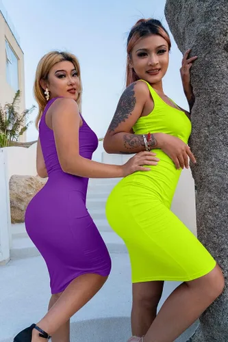 Vista 3 de LAGSHIAN - Vestido bodycon sin mangas, sexy, sin mangas, vestido básico por debajo de la rodilla para club