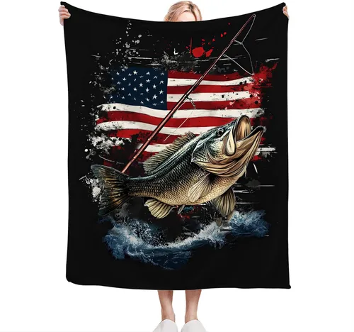 Vista 3 de Manta de pesca con bandera estadounidense, manta suave, cálida, acogedora, mullida, de felpa, regalos para niñas y mujeres, ligera, franela