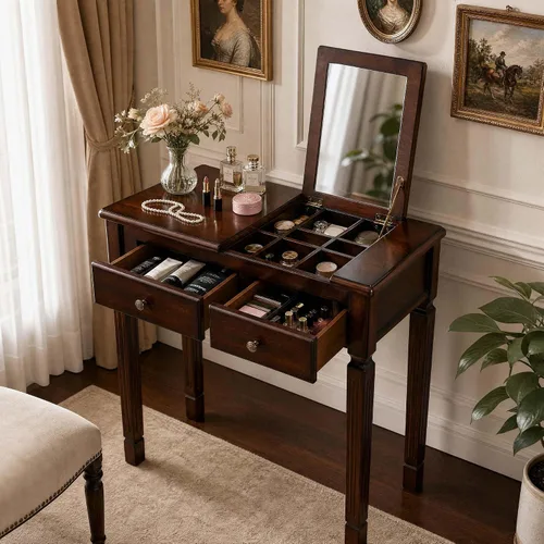 Vista 12 de Escritorio pequeño con juego de taburetes, mesa de tocador de maquillaje con espejo abatible y taburete tapizado, tocadores de madera maciza con 2