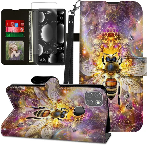 Vista 216 de Funda para Motorola Edge 2022 con protector de pantalla, soporte y tarjetero y correa para la muñeca, funda magnética para Moto Edge 2022 5G UW Lobo