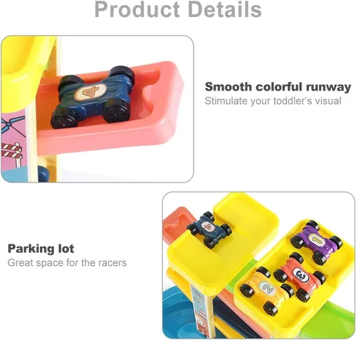 Vista 4 de Juguete deslizante para niños pequeños, pista de carreras con 6 rampas y 8 mini autos, juguetes de carreras de zig zag Slide regalos para niños