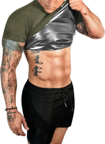 Vista 11 de FUXERT - Camisa de sauna para hombre, traje de sudor para gimnasio, ejercicio, camisa de compresión, ropa de entrenamiento moldeadora Negro/Dorado