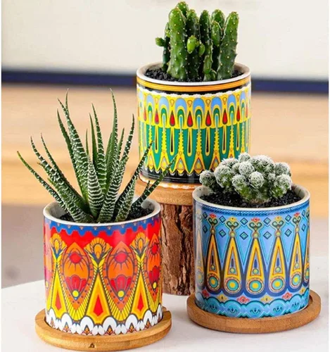 Vista 4 de Maceta de mandala para suculentas con orificio de drenaje y posavasos de bambú, macetas pequeñas, maceta de cerámica bohemia para plantas pequeñas A