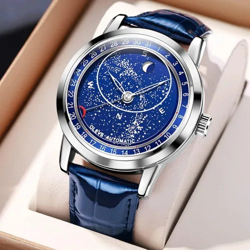 Vista 2 de OLEVS Reloj para hombre esfera de cielo estrellado Universo de Vía Láctea cuerda automática correa de cuero azul vestido de moda impermeable