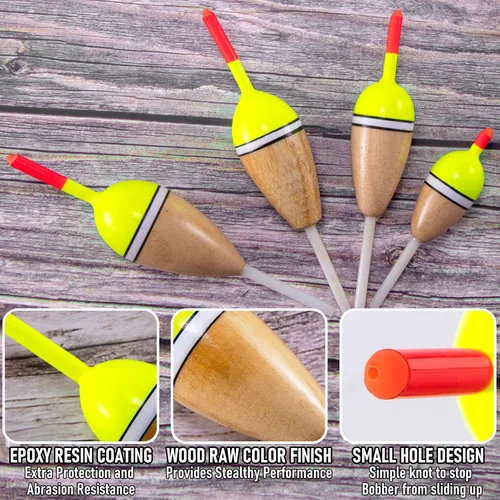 Vista 3 de Alwonder Paquete de 4 Bobbers para Pesca, Flotadores Deslizantes de Cuerpo de Madera de Balsa Flotante, Bobber Deslizante Ovalado de Alta