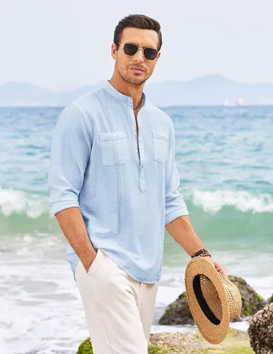 Vista 2 de COOFANDY Camisa Henley de lino para hombre, de manga larga, casual, hippie, de algodón, para playa