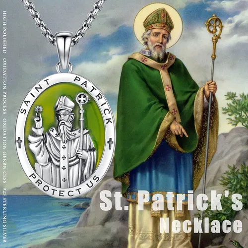 Vista 6 de XIXLES Saint Patrick Necklace for Men 925 Sterling Silver St Patrick Necklace Catholic St Patrick Medal Medallion Pendant Necklaces Amulet