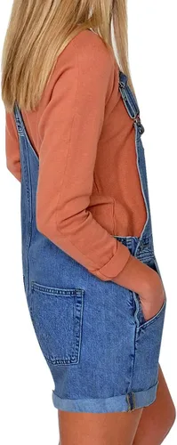 Vista 3 de Vetinee - Overol corto clásico de mezclilla con tirantes ajustables para mujer, con dobladillo con puño