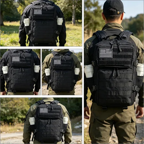 Vista 7 de Mochila táctica militar de 25 litros, resistente Molle, paquete de asalto para el trabajo, gimnasio, al aire libre, senderismo, campamento