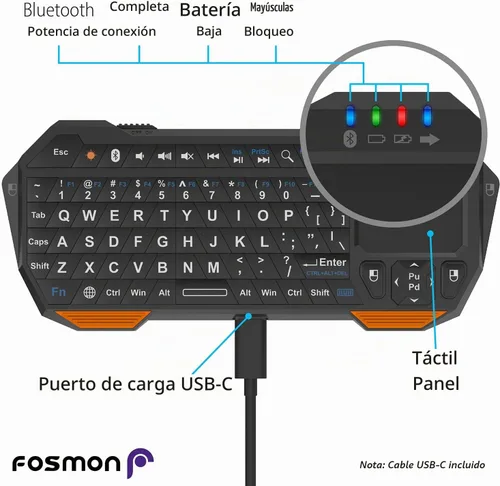 Vista 3 de Fosmon Mini teclado Bluetooth (teclado QWERTY), inalámbrico, portátil, con panel táctil, compatible con Apple TV, Amazon Fire Stick, PS4, PS4 Pro