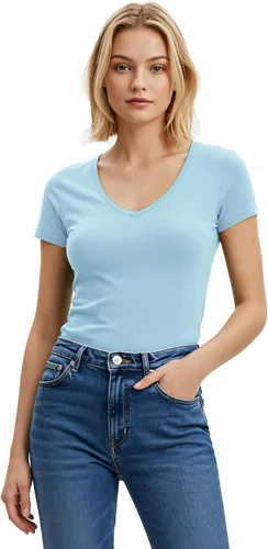 Vista 3 de Emmalise Camiseta de manga corta para mujer, cuello en V, tallas junior y plus