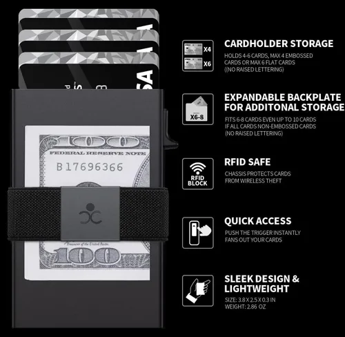 Vista 27 de Cartera delgada de aluminio para hombre, placa trasera expandible duradera, bloqueo RFID, billetera desplegable de metal minimalista, con capacidad