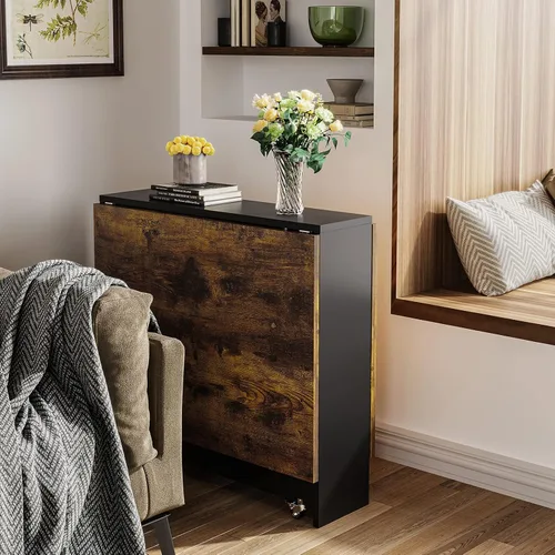 Vista 7 de Mesa de comedor plegable Tiptiper con 6 ruedas, mesa de cocina plegable con estante de almacenamiento de 2 capas, mesa de comedor que ahorra espacio